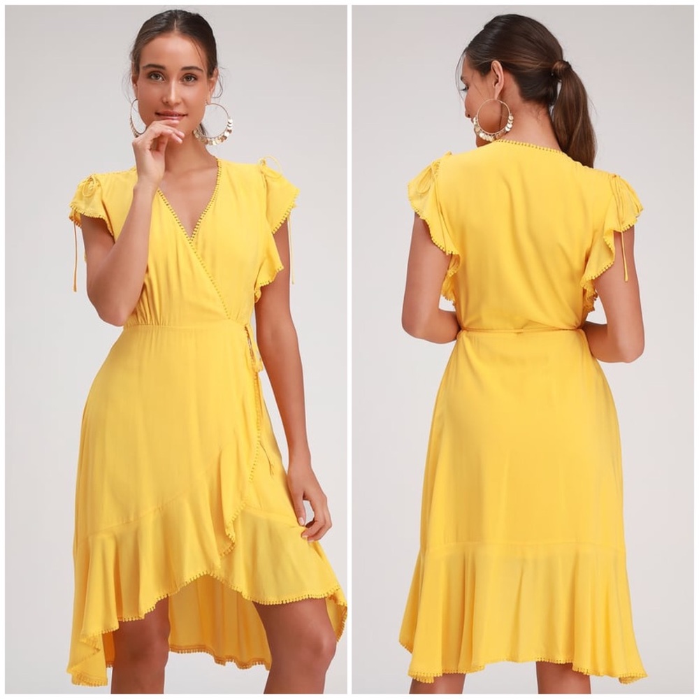 Lulu’s Adeleine Bright Yellow Wrap Midi Dress